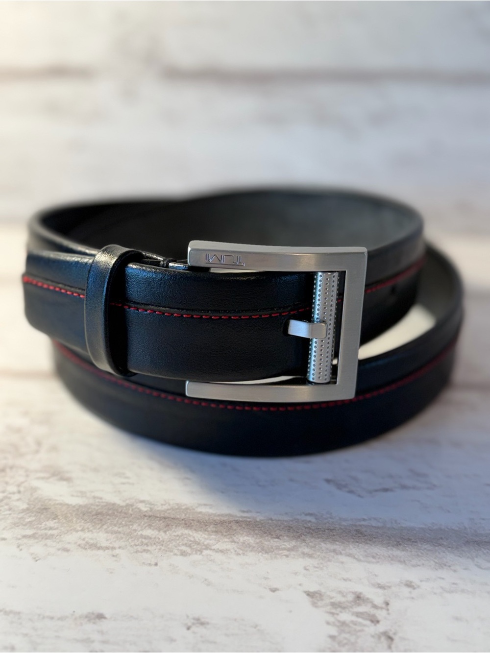 NWT TUMI Black Leather Ballistic Belt w/Red Trim Stitching Size 36 #09-9150-14